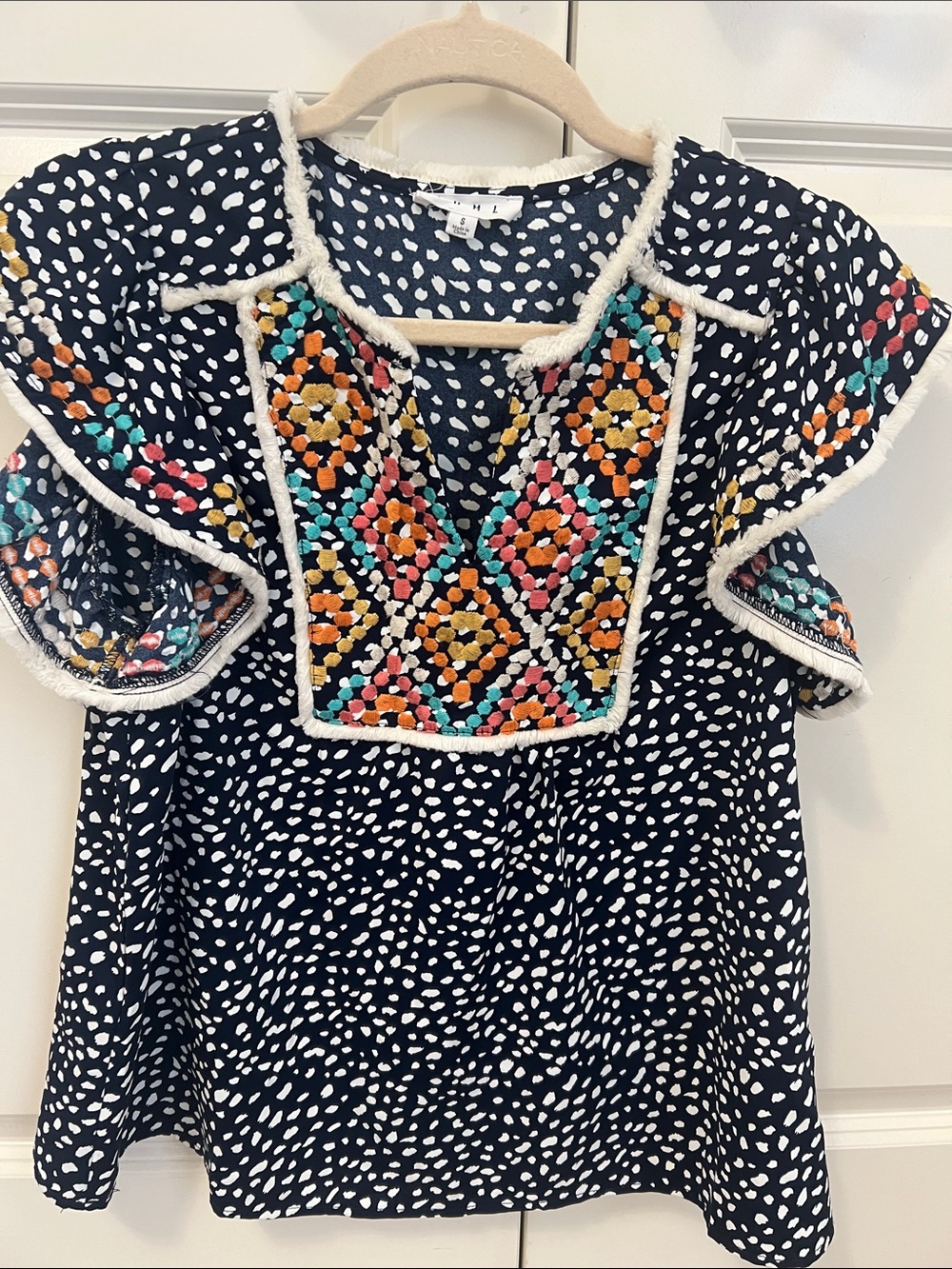 THML Embellished Navy Peasant Top with Colorful Embroidery
